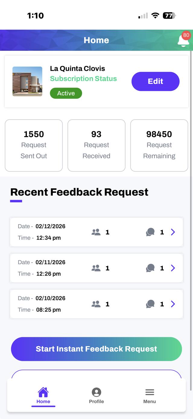 Review Master mobile app showing instant feedback request