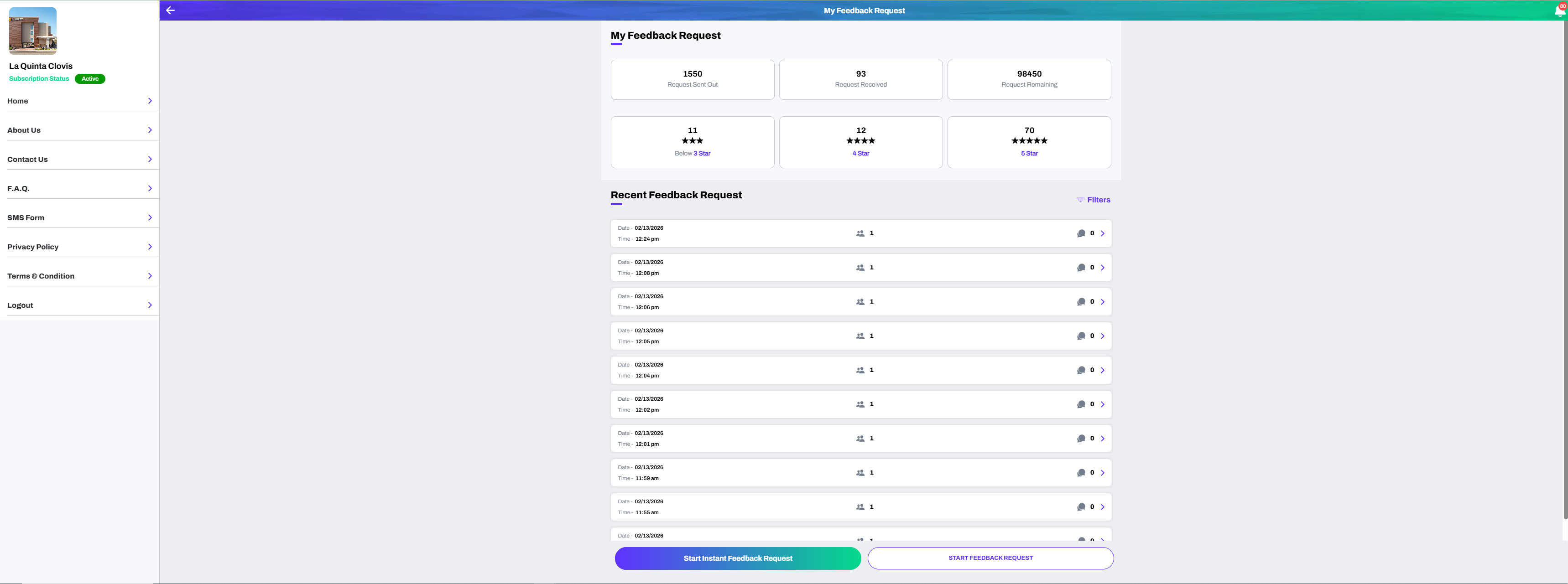 Review Master dashboard showing feedback requests, star ratings, and real-time analytics