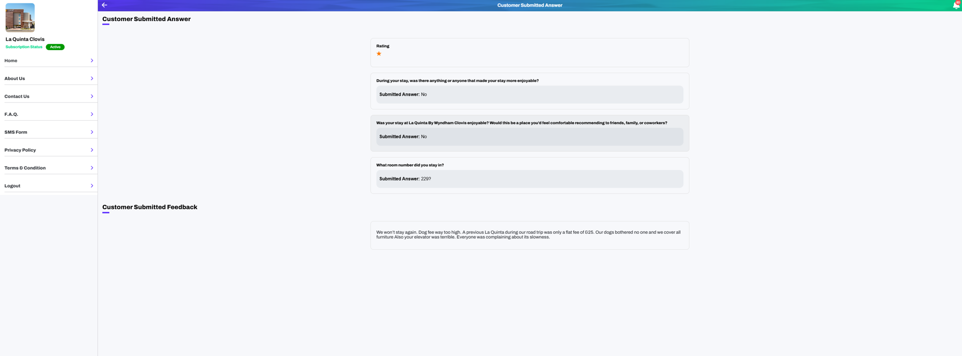 1-star customer submitted answer showing private negative feedback about issues