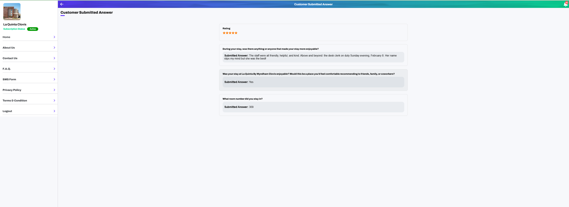 5-star customer submitted answer showing positive feedback about friendly staff